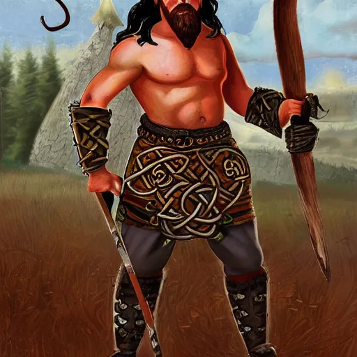 Image similar to full body character design reference art of Eoghaill of the Murine Hordes, a male La Tene Culture Celtic chieftain and warrior, resplendent and proud of bearing, long black hair, hirsute and muscled, wielding a Celtic longsword. Has a rat familiar. high quality, high detail, realistic painting, in the style of: Angus McBride, Rebecca Guay, and Michael William Kaluta. photorealistic light.