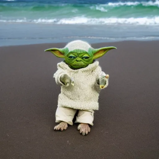 Image similar to sad Yoda on a beach