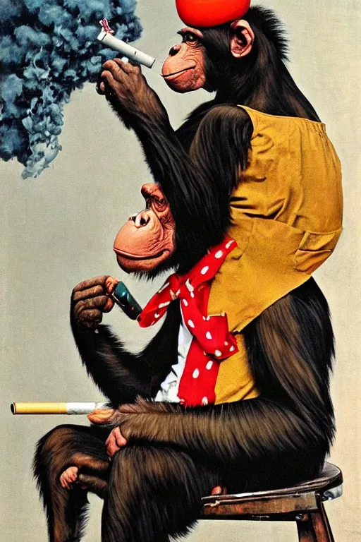 Image similar to a chimp in a clown suit, smoking a cigarette, painted by Norman Rockwell