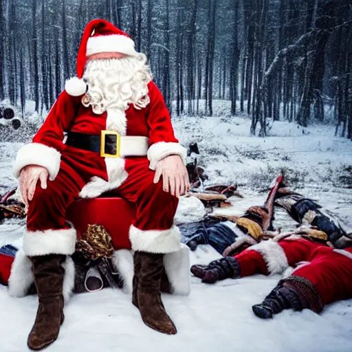 Image similar to UHD candid photo of Santa in front of a pile of dead dwarves, with accurate face, UHD, photorealistic, correct face, photo by Annie Leibovitz