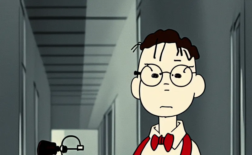 Prompt: a film still portrait of a nerdy scientist in a hallway, finely detailed features, closeup at the faces, perfect art, grimdark, trending on pixiv fanbox, painted by studio ghibli, charlie brown