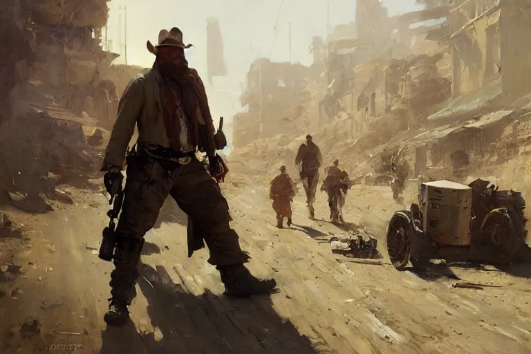 Image similar to oil painting of old rugged robot bounty hunter in a gunfight in dusty wild west street, art by anders zorn, wonderful masterpiece by greg rutkowski, beautiful cinematic light, american romanticism by greg manchess, jessica rossier