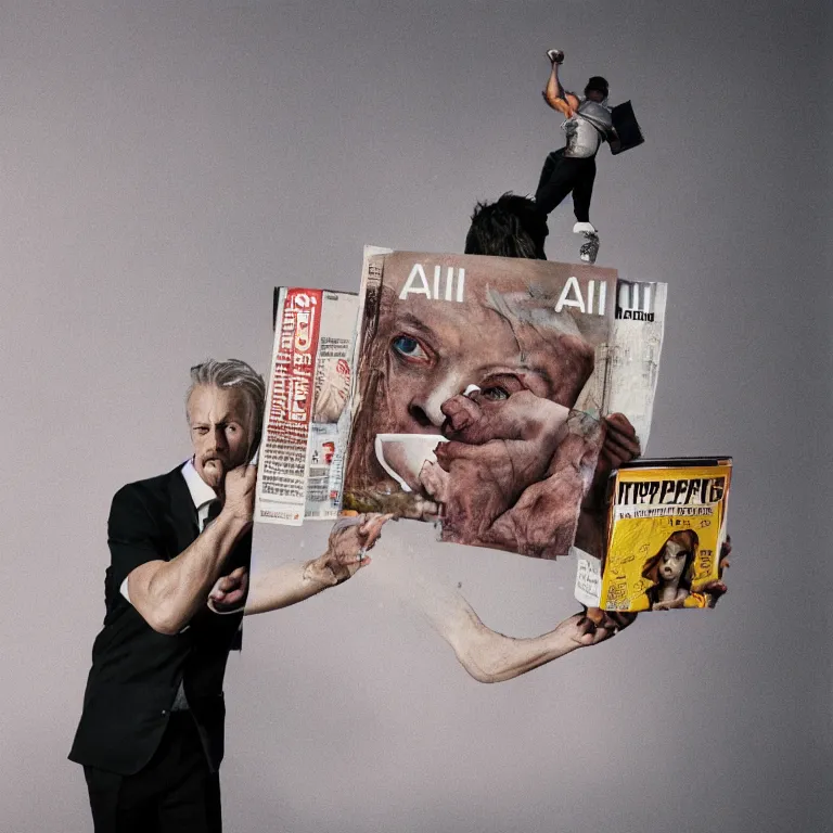 Image similar to realistic exposed expired fuji film portrait of a man holding up a magazine named ai, hyperrealism, hypermaximalism, photorealistic, detailed, atmospheric, 8 k, award winning photography, cinematic