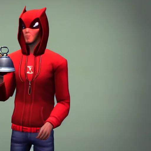 Image similar to a person wearing a red hood and holding a bell in sims 4 screenshot