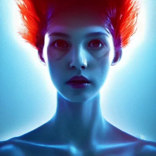 Image similar to 3 d, sci - fi, morning, sleepy fashion model face, sun, neon, cinematic, lightning clouds, vogue cover style, poster art, light red and deep blue mood, realistic painting, intricate oil painting, high detail, figurative art, multiple exposure, poster art, 3 d, by tooth wu and wlop and beeple and greg rutkowski