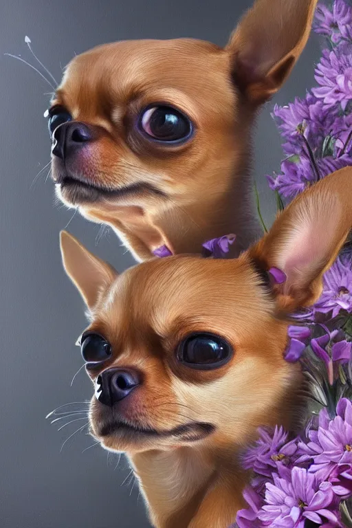 Prompt: ultra realistic illustration, portrait of a tan chihuahua bouquet, close up shot, fantasy, intricate, elegant, highly detailed, digital painting, artstation, concept art, smooth, sharp focus, illustration, surrealism