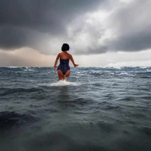 Prompt: a beautiful radiant woman dipping her toes in the middle of an ocean during a violent storm, 8 k,