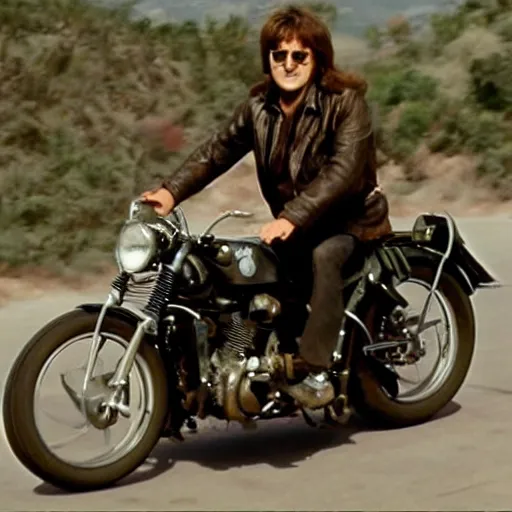 Image similar to john lennon riding a motorcycle in the movie born to be wild, cinematic sureal 3d 8k