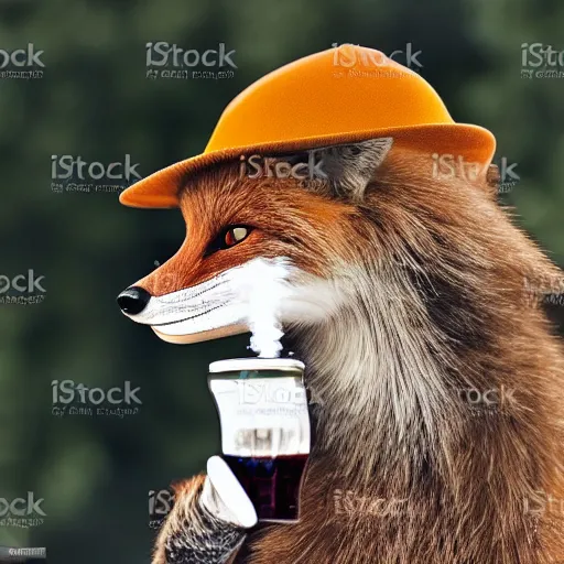 Image similar to a polygamous fox with a hat drinking beer and smoking e - cigarette, stock photo