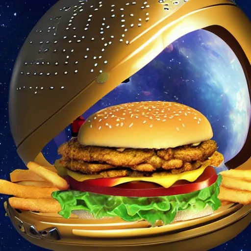 Image similar to a humanoid chicken!!!!! astronaut eating a burger while floating inside of a space station, golden ratio!!!!!, centered!!!!!, trending on artstation, cgsociety contest winner, 4 k quality, digital art, anime style, studio ghibli!!!!!