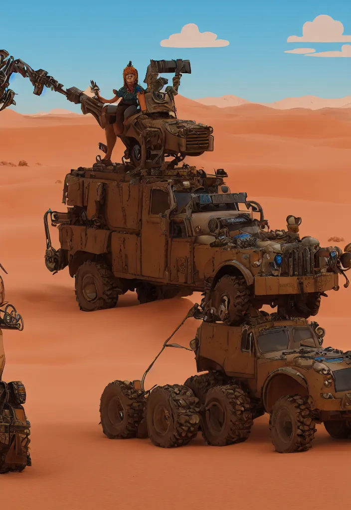 Prompt: Lisa Simpson riding Fury Road War Rig vehicle through the desert, borderlands 4k render