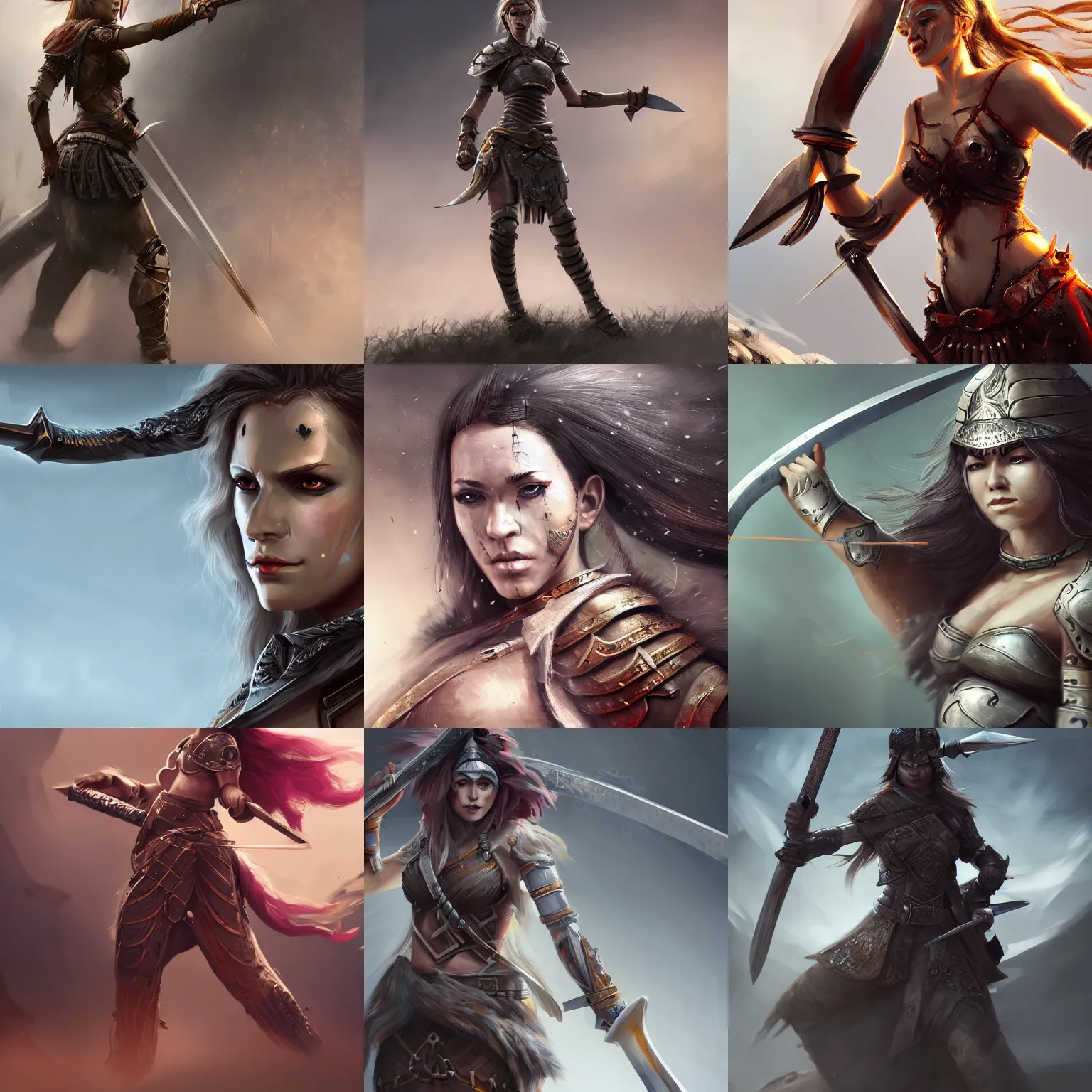 Prompt: Female warrior standing on a battlefield with a one-handed sword, close-up of face shot, highly detailed, 8k, elegant, gallant, ambient, digital painting, art station, concept art, smooth, sharp focus, illustration,