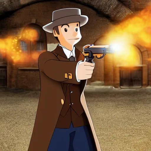 Image similar to professor layton as a real person holding a gun, 4k photograph, extreme low angle, longshot, fast shutter speed, backlighting, in the style of james bind