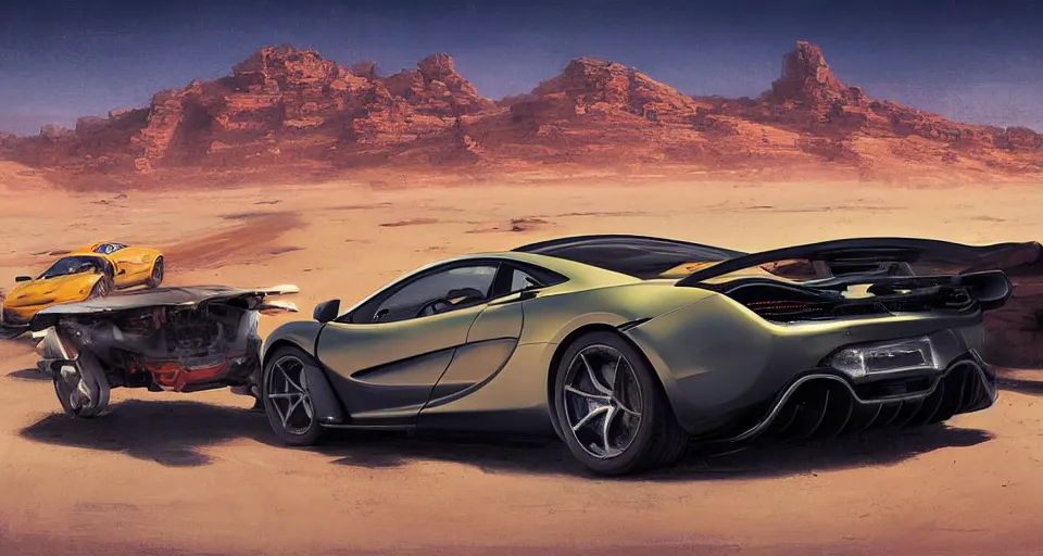 Image similar to mclaren in desert highway, digital art,ultra realistic,ultra detailed, ultra wide Lens, art by greg rutkowski