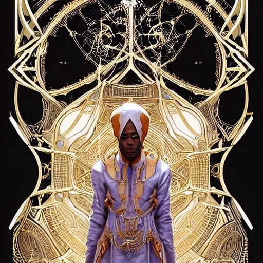 Image similar to symmetry!! an african moor wearing white robes and turban entering the voidspace. ornate, golden, steampunk stargate. front game card. marvel comics. dark. intricate. highly detailed. smooth. artstation. digital illustration by ruan jia, mandy jurgens, artgerm, wayne barlowe, greg rutkowski, and zdislaw beksinsk.