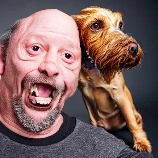 Prompt: worlds ugliest man with his ugly dog, studio photography