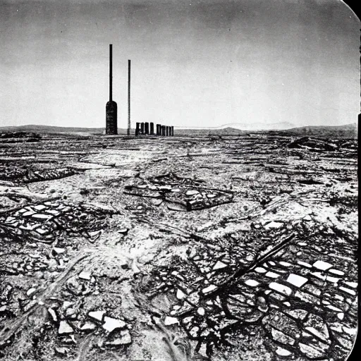 Image similar to barren city, nuclear wasteland, Fallout aesthetic, Anselm Kiefer