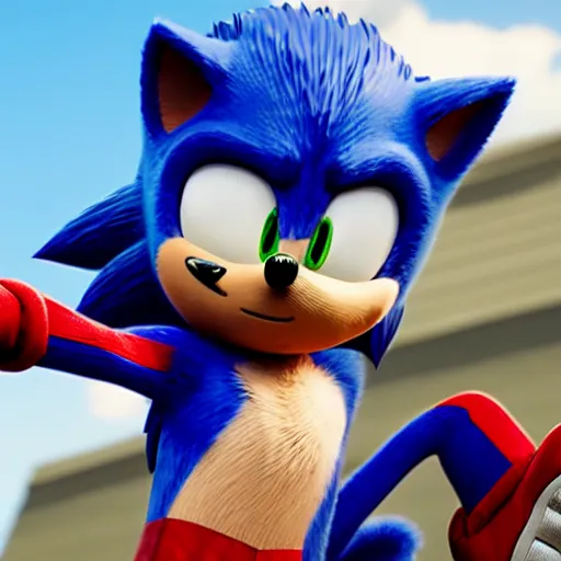 Image similar to A photo realistic image of sonic the hedgehog in a Spiderman costume, HQ, 4k