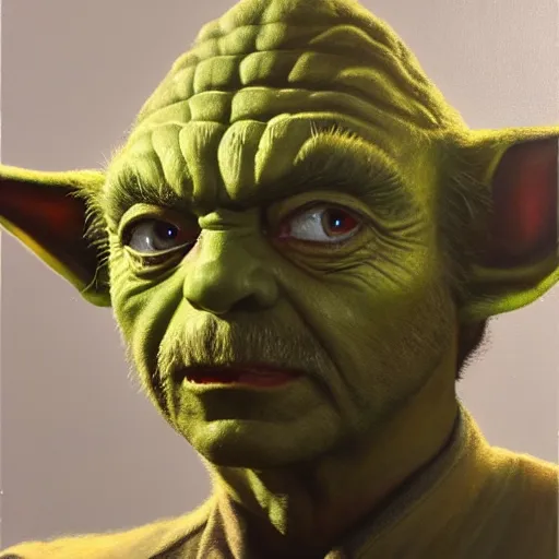 Image similar to ultra realistic portrait painting of tom selleck as yoda, art by frank frazetta, 4 k, ultra realistic, highly detailed, epic lighting