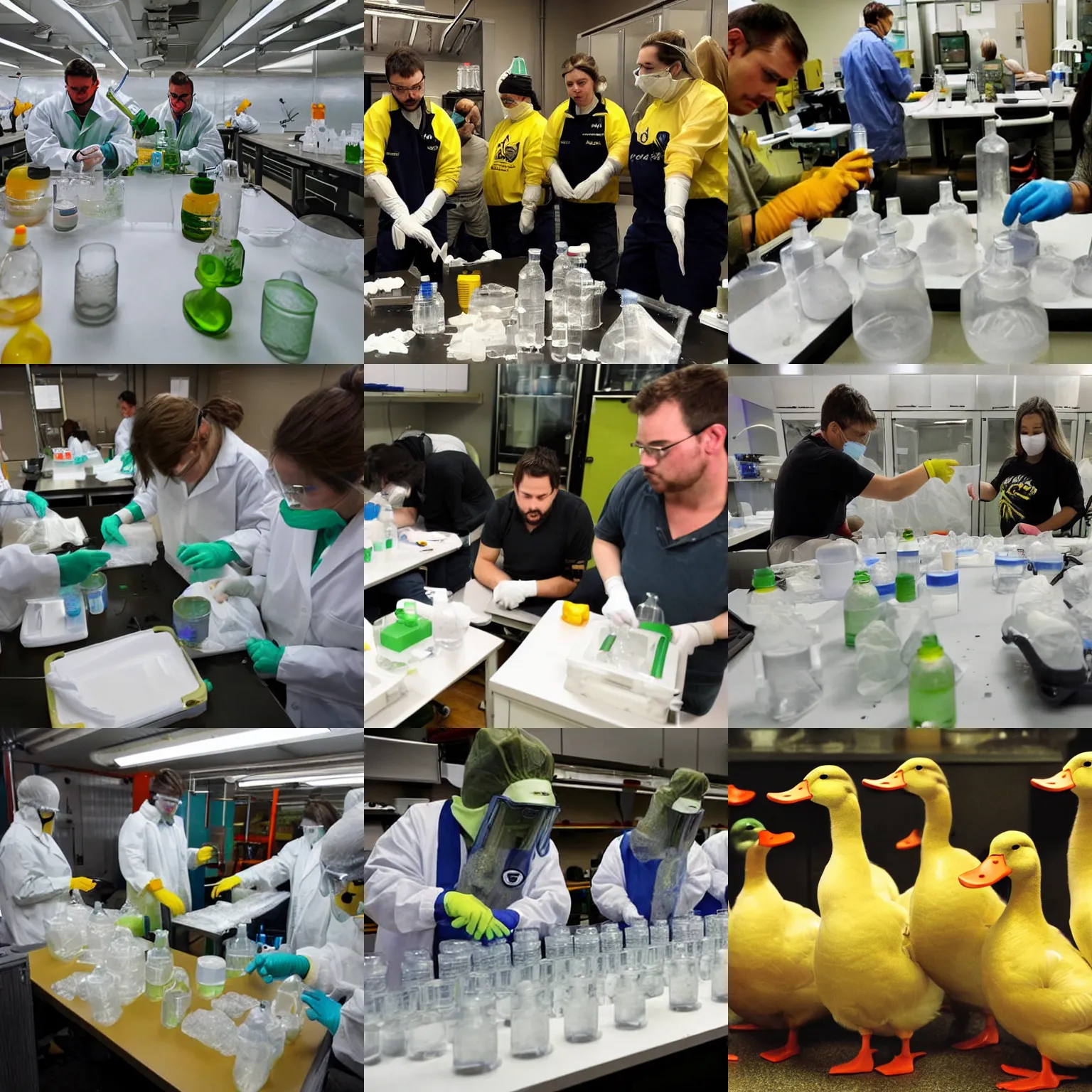 Prompt: a team of ducks synthesizing meth in a lab