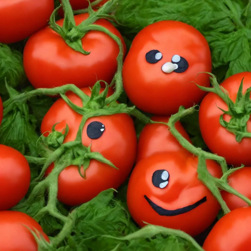 Image similar to A hyperrealistic tomato with a face grinning creepily