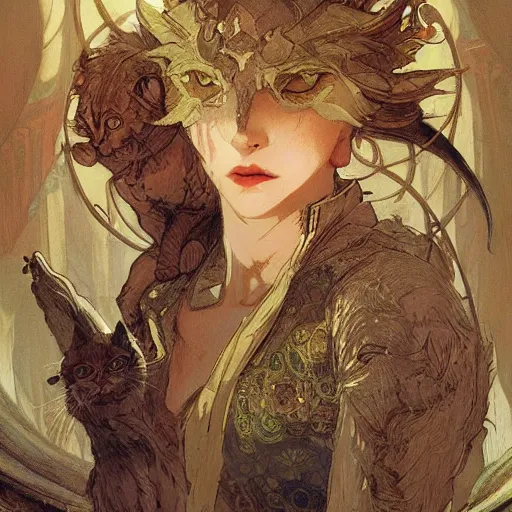 Prompt: Mythology of a holy cat, D&D, fantasy, intricate, cinematic lighting, highly detailed, digital painting, artstation, concept art, smooth, sharp focus, illustration, art by Akihiko Yoshida, Greg Rutkowski and Alphonse Mucha