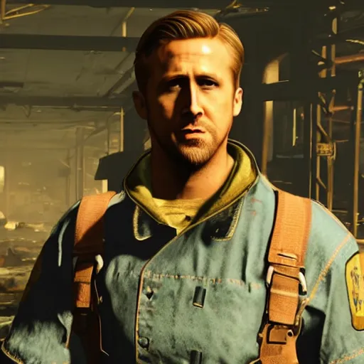 Prompt: ryan gosling in fallout 4 is wearing a raider costume