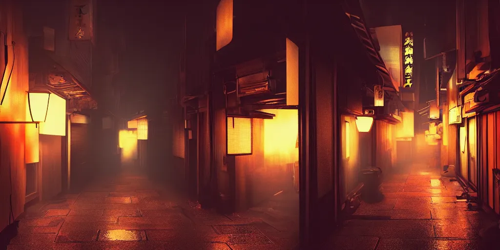 Prompt: a japanese alleyway filled with ghosts, in the style of blade runner 2049, volumetric lighting