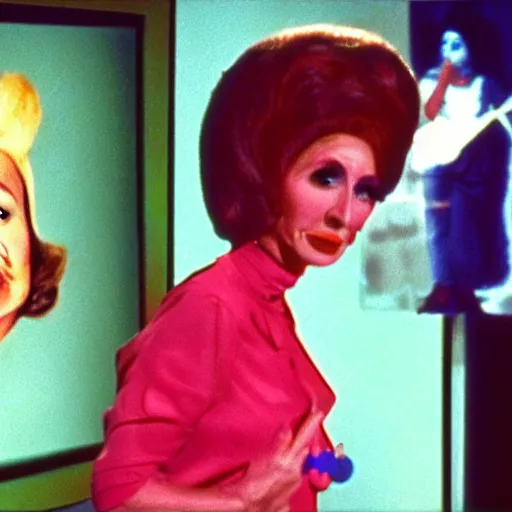 Image similar to 1976 woman on a television show with a long pickle snout nose, big nostrils, wearing a dress, 1976 French film color archival footage technicolor film expired film 16mm Fellini new wave John Waters Russ Meyer movie still