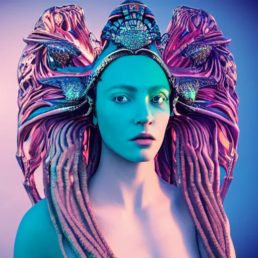 Image similar to unreal engine, octane render, 8 k, sandro botticelli full body portrait of lady of elche egyptian sumerian goddess princess intergalactica, nautical siren, queen of heaven, techno mystic goddess, with aqua neon dreadlocks, teal eyebrows encrusted with diamonds, wearing iris van herpen haute couture, star - gate of futurisma,