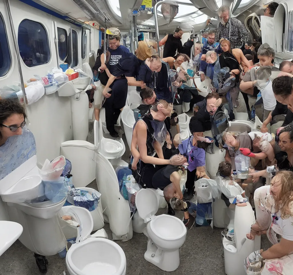 Prompt: people were flushing their cats down the toilet. this was for a charity, unspecified but highly regarded. people were on the train, looking at artefacts from outer space, listening to talk show djs discussing how to route your cat to the most profitable endpoint in the sewage system