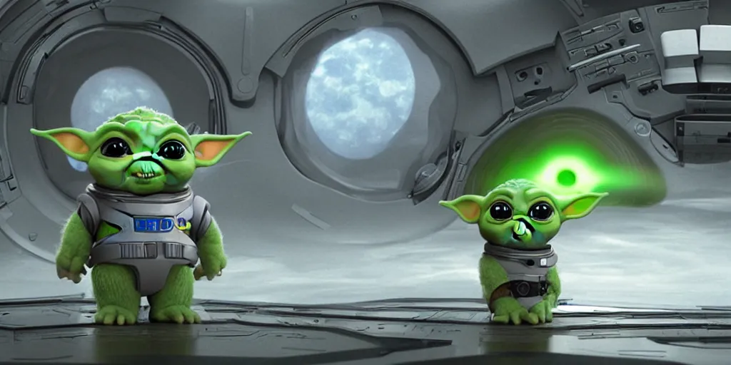 Prompt: a 3 d rendered movie still, wide - angle 1 0 0 m in the distance, baby yoda wearing a spacesuit, and exploring cosmos in a super awesome space ship. science fiction blockbuster movie, dramatic lighting, imax 7 0 mm. buzz lightyear