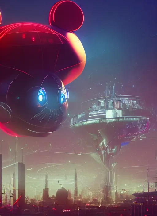 Image similar to giant cyber mickey mouse head in netflix office, by beeple, golden ratio, cyberpunk, futuristic, sci - fi, octane render, unreal engine 5, trending on artstation, 8 k