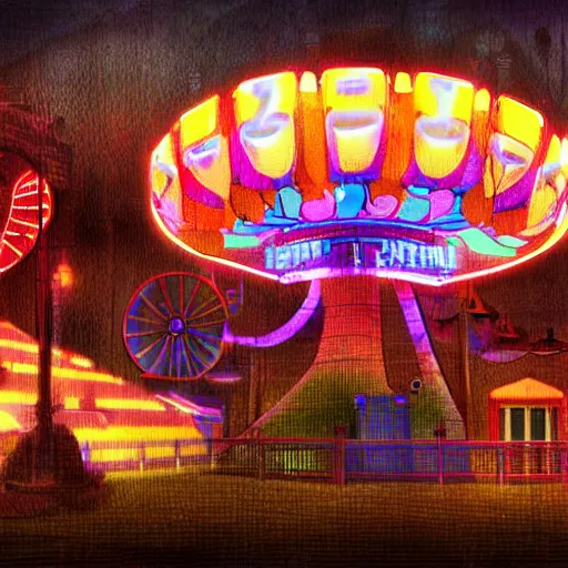 Image similar to amusement park at night, stuffed animals, game'silent hill'digital art