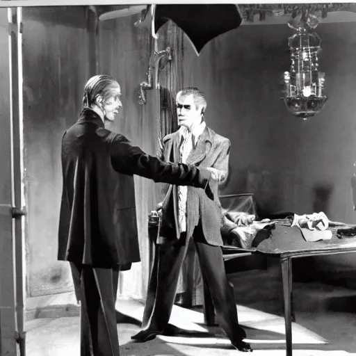 Prompt: wardrobe scene from the vampire on the boulevard starring boris karloff