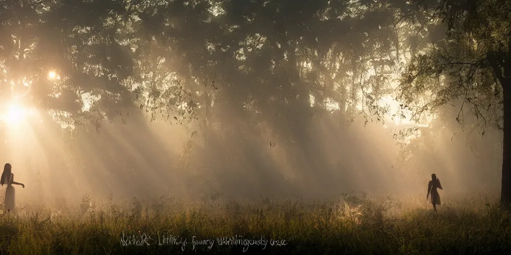 Image similar to misty swamp, hazy fog, sundown golden hour, early morning dance, fireflies and sparkling wisps, sun rays through trees, Lilia Alvarado, Sophie Anderson, Mark Arian, Bob Byerley, Charlie Bowater, Mark Brooks, Steve Henderson, Justin Gerard, Arthur Hughes, Edward Robert Hughes, Mark Keathley, Victor Nizovtsev, Carlos Shwabe, Ross Tran, WLOP