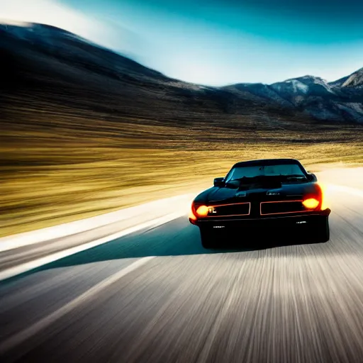 Image similar to black pontiac firebird trans - am driving towards the camera, mountain, valley, breathtaking mountains, lake, dynamic, sunrise, cinematic, motionblur, sunbeams, volumetric lighting, wide shot, low angle, mind flayer, lightning, mind flayer, lightning creature