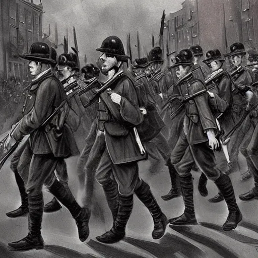 Image similar to irish rebel soldiers in 1 9 1 6 marching down a street in dublin with their rifles, highly detailed, digital painting, concept art, sharp focus, by makoto shinkai