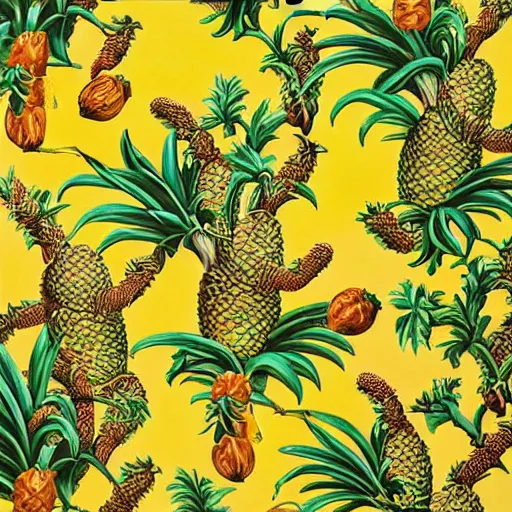 Prompt: pineapples and bananas in the jungle by kehinde wiley