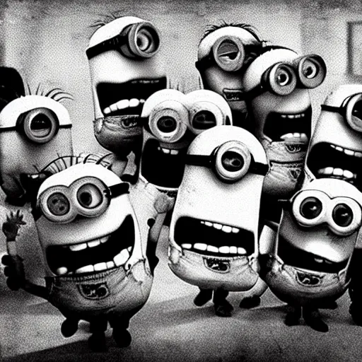 Prompt: Minions living in an insane asylum, creepy photo, minions screaming, nightmare, grainy, lost photo