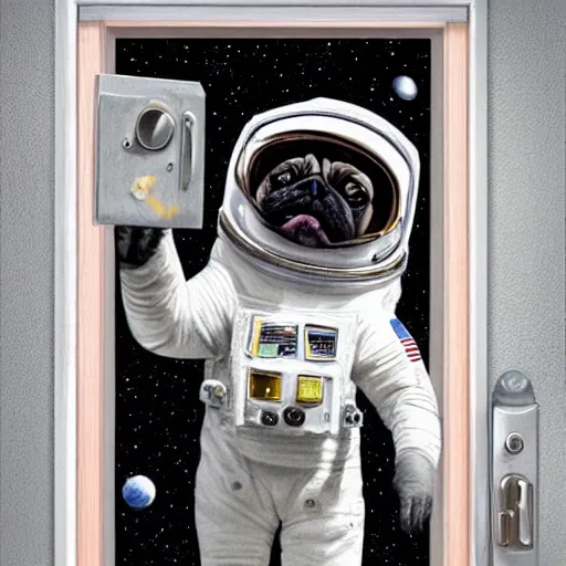 Prompt: gif, high - resolution, pencil art, colorized, extra - detailed, pug astronaut, opening door, in space that leads into the universe