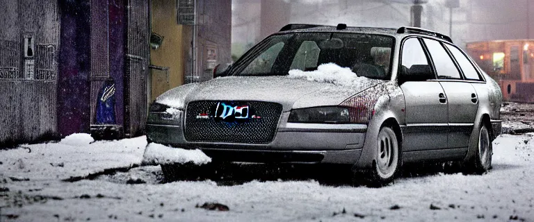 Image similar to Audi A4 B6 Avant (2002), a gritty neo-noir, dramatic lighting, cinematic, eerie person, death, homicide, homicide in the snow, viscera splattered, gunshots, bullet holes, establishing shot, extremely high detail, cracked windows, photorealistic, arson, makeshift grave, cinematic lighting, artstation, by simon stalenhag, Max Payne (PC) (2001) winter New York at night, In the style of Max Payne 1 graphic novel, flashing lights, Poets of the Fall - Late Goodbye