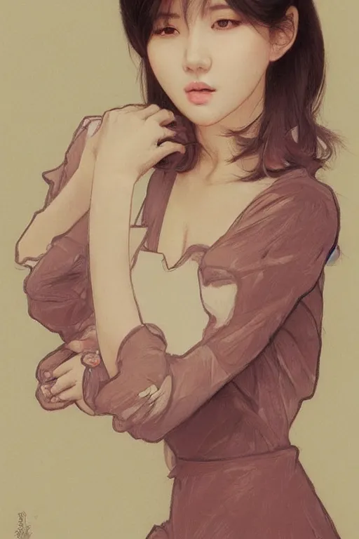 Image similar to portrait of kpop idol, expressive pose, lively expression, a pastel by chip zdarsky, trending on pinterest, mingei, full body, stylish, intricate, elegant, rose tones, highly detailed, digital painting, artstation, concept art, smooth, sharp focus, illustration, art by artgerm and greg rutkowski and alphonse mucha