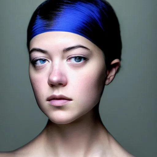 Prompt: a masterpiece portrait photo of a beautiful young woman who looks like a blue skinned mary elizabeth winstead, symmetrical face