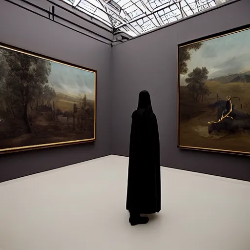 Image similar to the grim reaper standing stoic in black robe, waiting patiently, in a museum with paintings and people, perfect composition, by mike winkelmann, joel sternfeld,