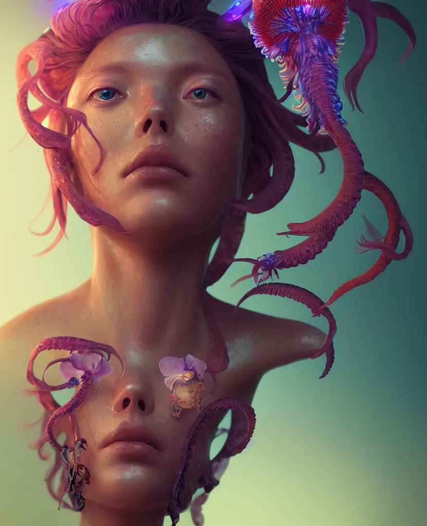 Image similar to goddess close - up portrait, ram skull, squid phoenix jellyfish, orchid, betta fish, bioluminiscent, intricate artwork by tooth wu and wlop and beeple. octane render, trending on artstation, greg rutkowski very coherent symmetrical artwork. cinematic, hyper realism, high detail, octane render, 8 k