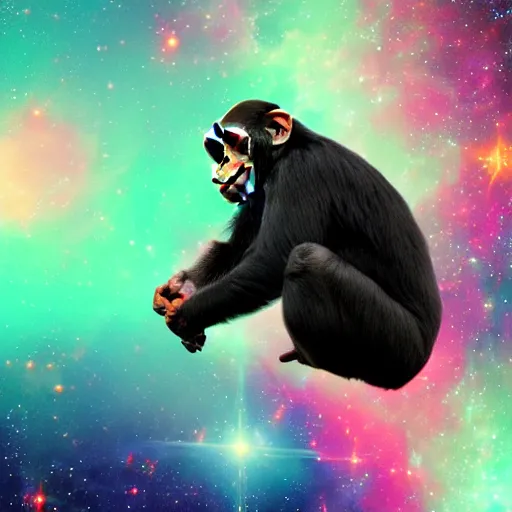 Image similar to a chimpanzee floating through outer space reaching out and touching nebula with it's finger, digital art, 8k