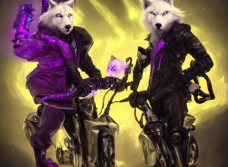 Image similar to award winning beautiful portrait commission of a male furry anthro albino wolf fursona with a tail and a cute beautiful attractive detailed furry face wearing stylish black, purple and yellow cyberpunk biker clothes riding a cybertech motorcycle in a cyberpunk city at night while it rains. Character design by charlie bowater, ross tran, artgerm, and makoto shinkai, detailed, inked, western comic book art