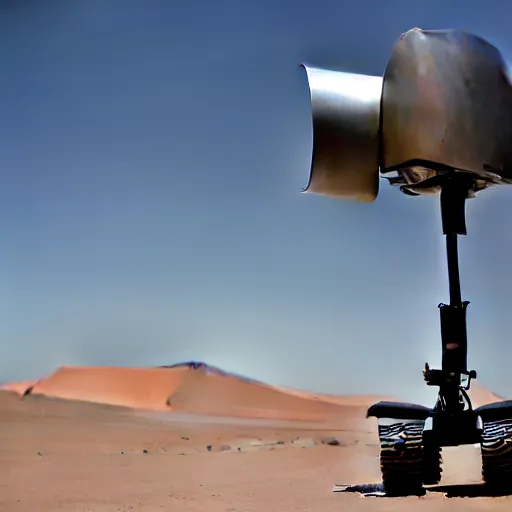 Image similar to zaha hadid, mars rover style peaceful mobile biomimetic rugged anemometer station sensor antenna on all terrain tank wheels, for monitoring the australian desert, XF IQ4, 150MP, 50mm, F1.4, ISO 200, 1/160s, dawn, golden ratio, rule of thirds