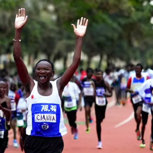 Image similar to african xi jinping running a marathon, hands in air